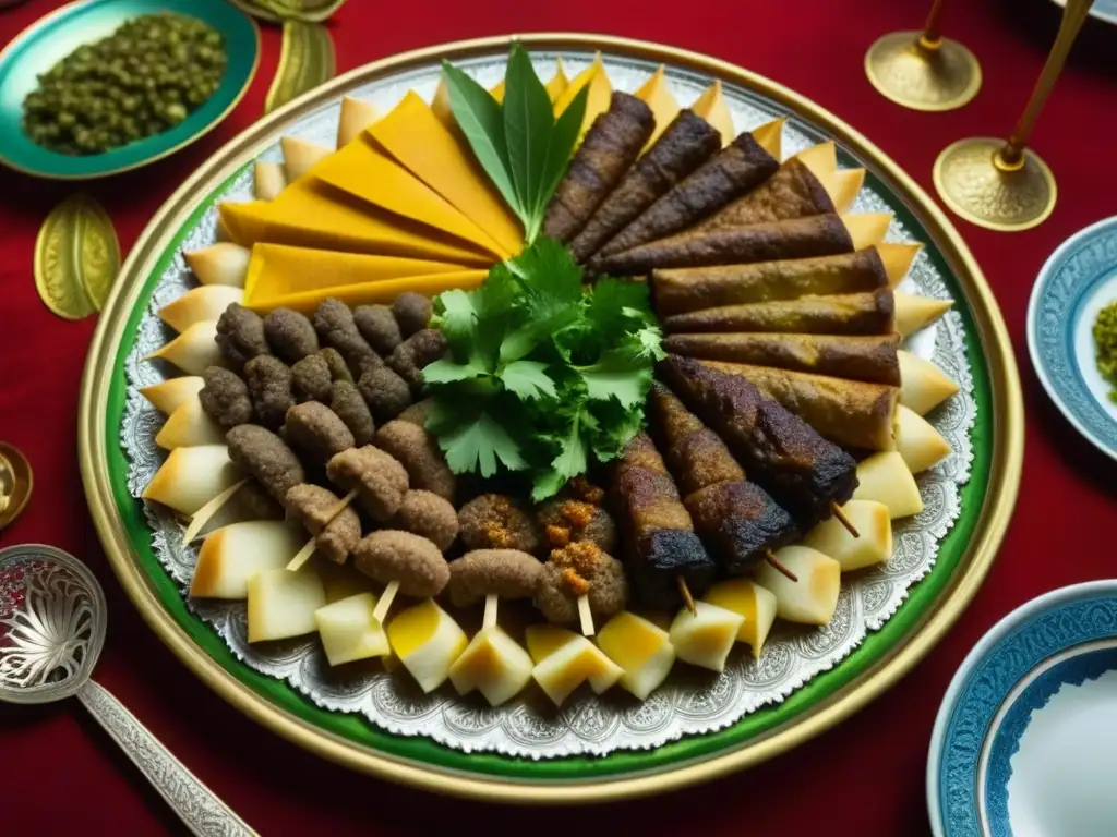 Una mesa de banquete del Imperio Otomano con recetas históricas Imperio Otomano, resaltando colores y texturas vibrantes de la comida