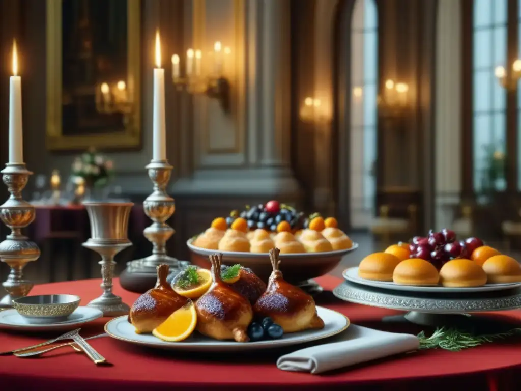 Una mesa de banquete barroca llena de delicias francesas como coq au vin y pastelería, evocando la opulencia de la época