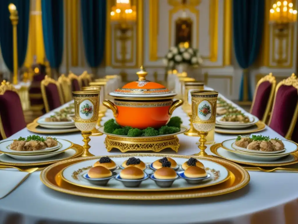 Una mesa de banquete llena de platos lujosos de la corte rusa, resaltando la opulencia de la historia