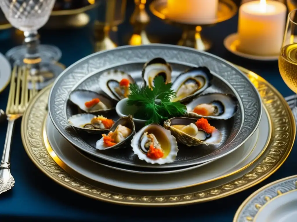 Una mesa de banquete lujosa en la Antigua Grecia con exquisitos mariscos y detalles dorados, evocando opulencia