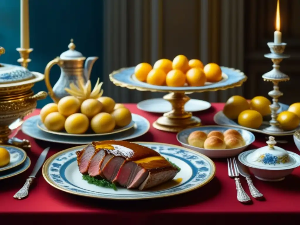 Una mesa de banquete lujosa del Barroco en Francia con elaborados platos y vajilla fina