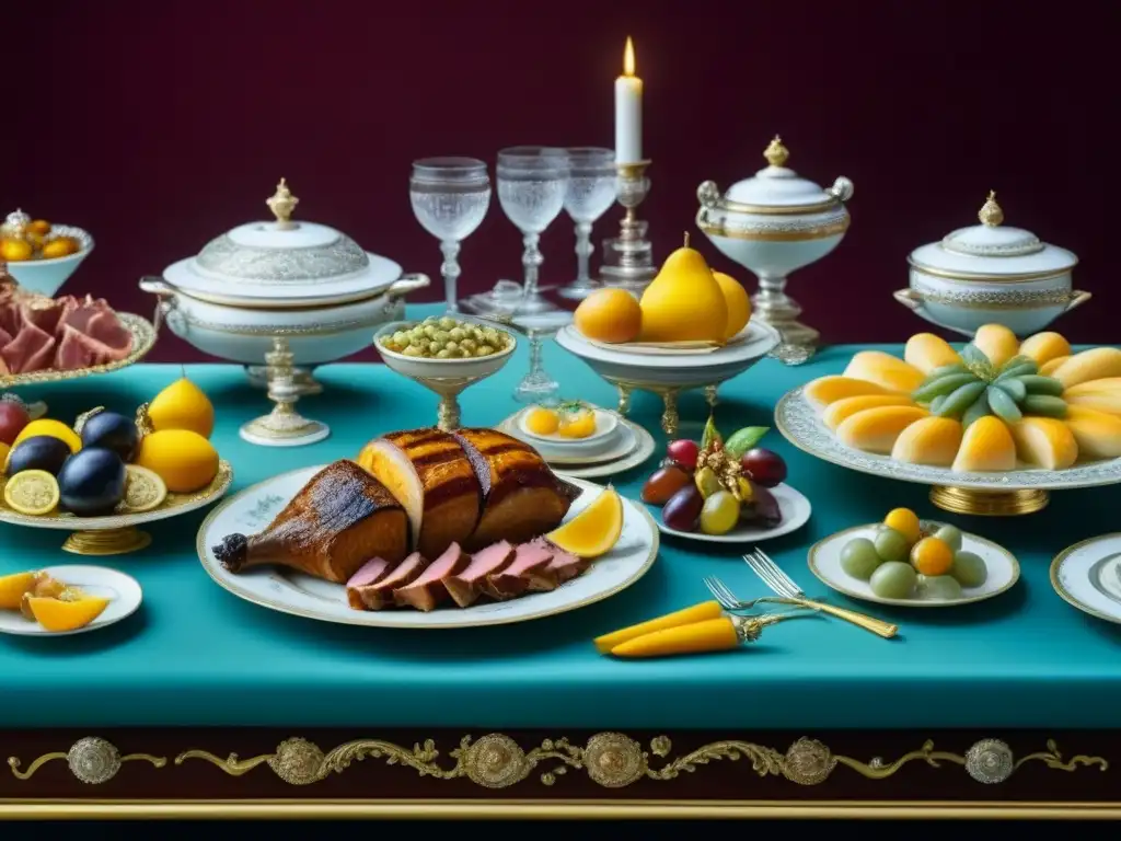 Una mesa de banquete lujosa del Barroco francés, con exquisitos platos y detalles, reflejando la Alimentación clases sociales Francia Barroca