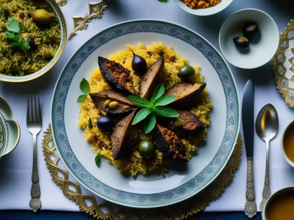 Una mesa de banquete lujosa en el Califato Abásida con exquisitos platillos y detalles ornamentados, evocando sofisticación