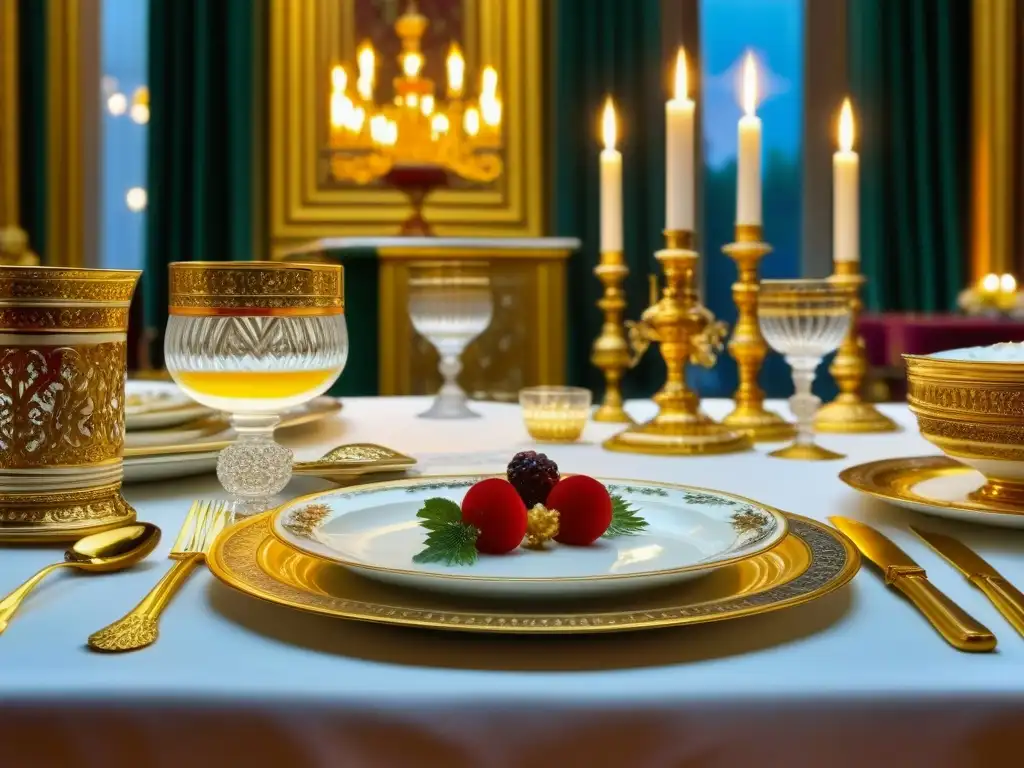 Una mesa de banquete lujosa en la era de los Zares, con vajilla dorada, platos florales, cristalería reluciente y platillos decadentes