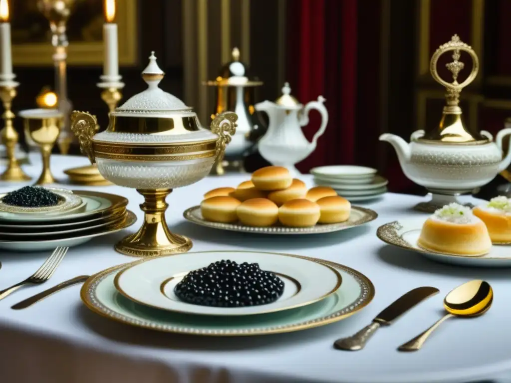 Una mesa de banquete lujosa al estilo de la aristocracia rusa del siglo XIX con platos y decoración opulentos