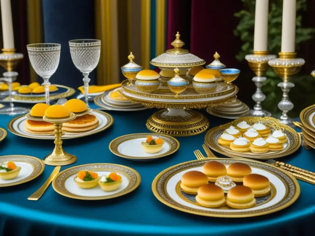 Una mesa de banquete lujosa al estilo ruso del siglo XVIII, reflejando la dieta y nutrición de Catalina la Grande