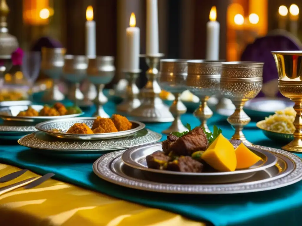 Una mesa de banquete Mughal lujosa, con exquisitos platos de biryani, kebabs y currys, cubierta de mantelería de seda y cubiertos de oro