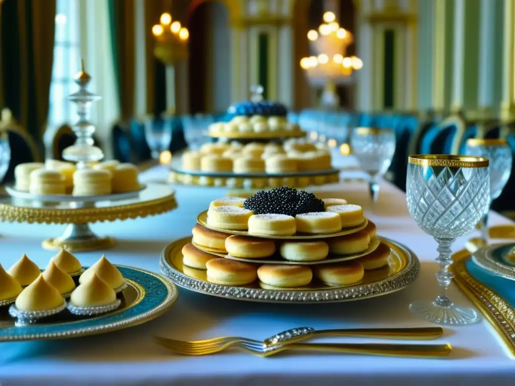 Una mesa de banquete lujosa en el palacio de Catalina la Grande, con una variedad de platos rusos decadentes