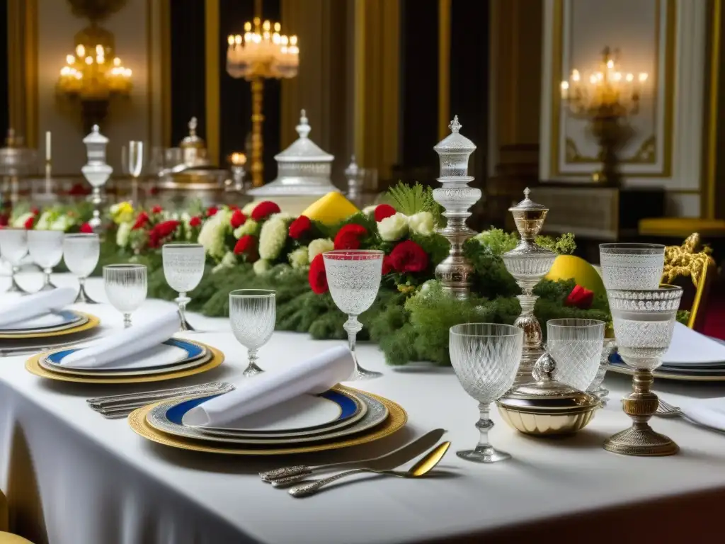 Una mesa de banquete lujosa con platos de chefs franceses en cortes zaristas, fusionando la culinaria francesa y rusa del siglo XIX