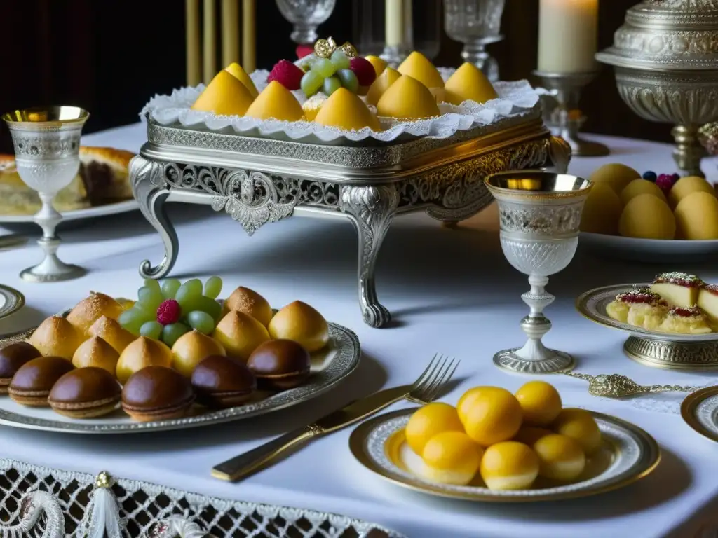 Una mesa de banquete real lujosa del siglo XVII con exquisitos platos y adornos, reflejando la opulencia de la 'Dieta de realeza histórica'