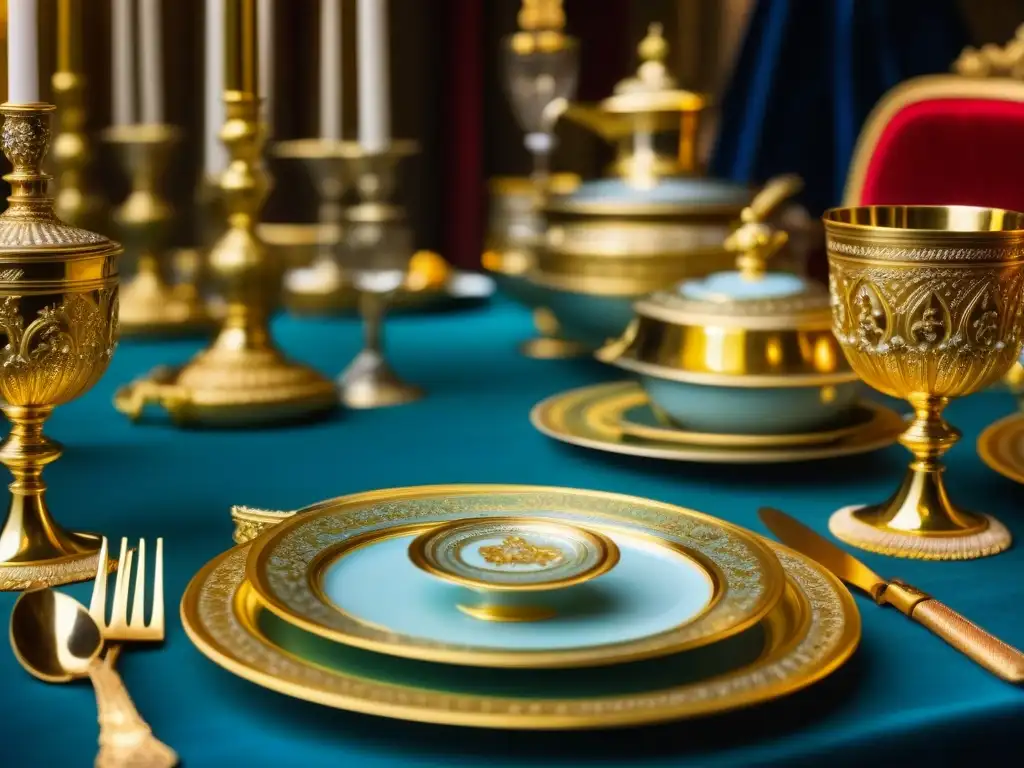 Una mesa de banquete lujosa con vajilla de plata y copas doradas, platos franceses decadentes de la era de Luis XIV