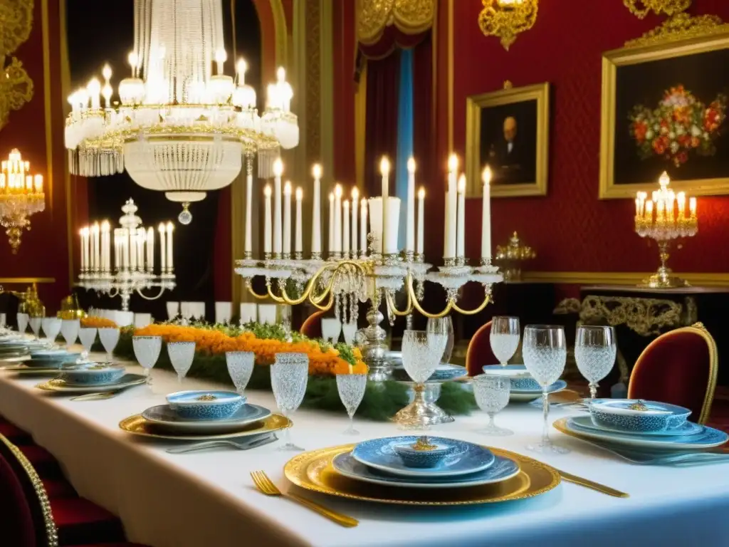Banquete opulento: fusión culinaria en la nobleza rusa Una mesa de banquete lujosa con vajilla ornamental y manjares decadentes de la dieta nobleza rusa influencias extranjeras