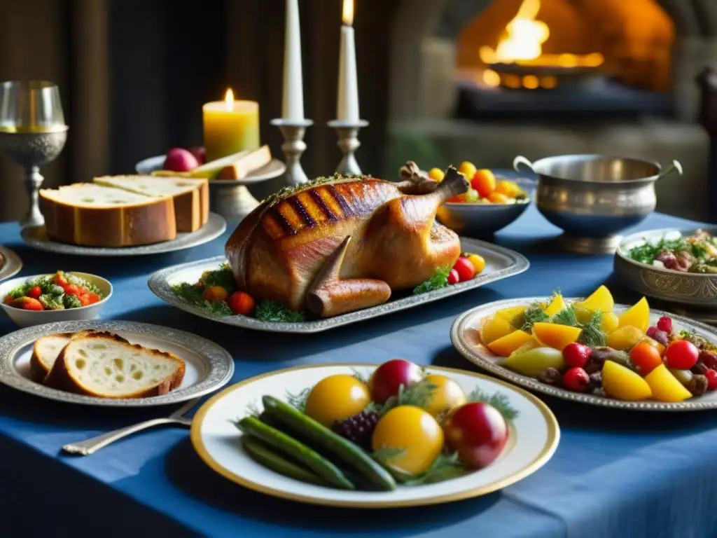 Una mesa de banquete medieval con comidas variadas y detalladas, mostrando una festín lujoso y sostenible