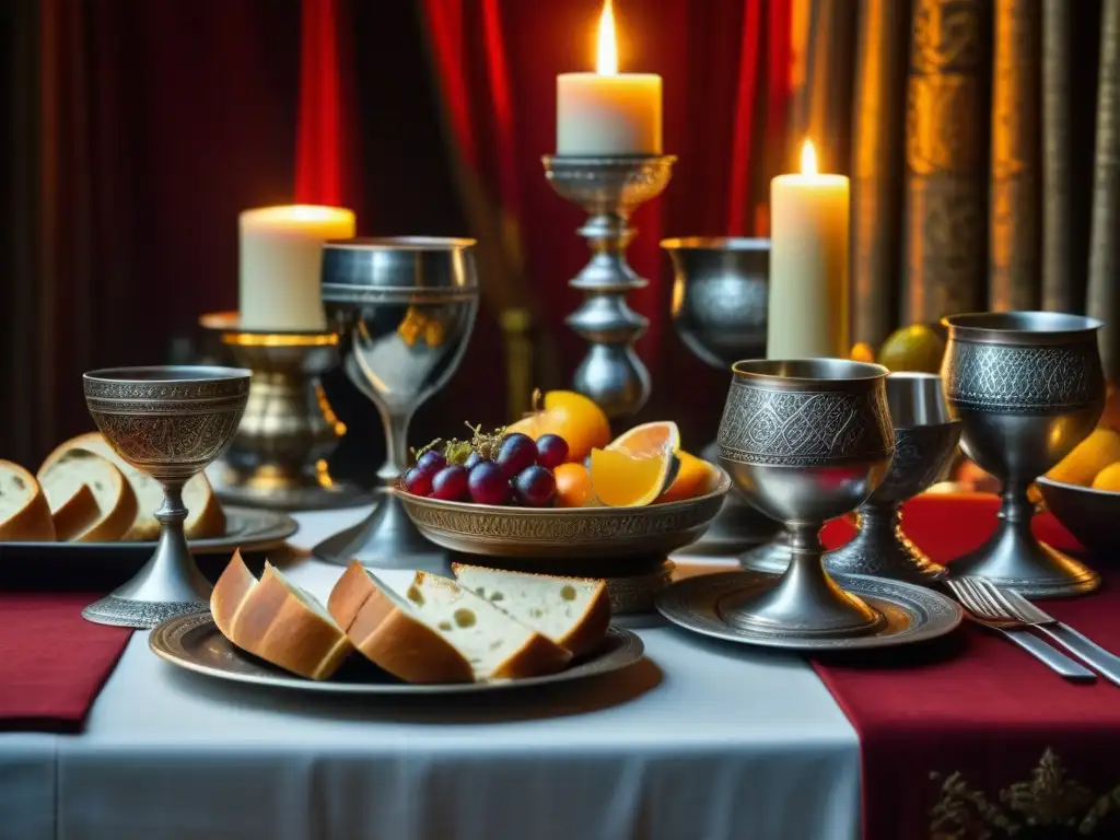 Una mesa de banquete medieval durante las Cruzadas: copas de plata, vinos rojos, frutas exóticas y carnes asadas