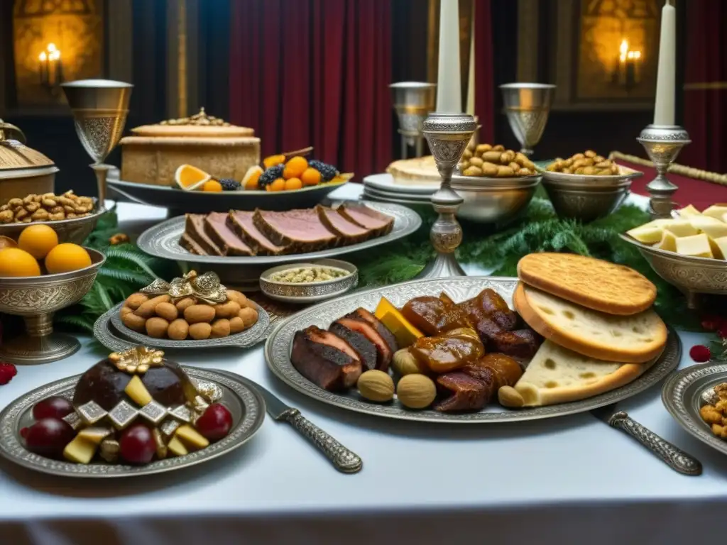 Una mesa de banquete medieval durante las Cruzadas con exquisita comida y preferencias alimenticias variadas