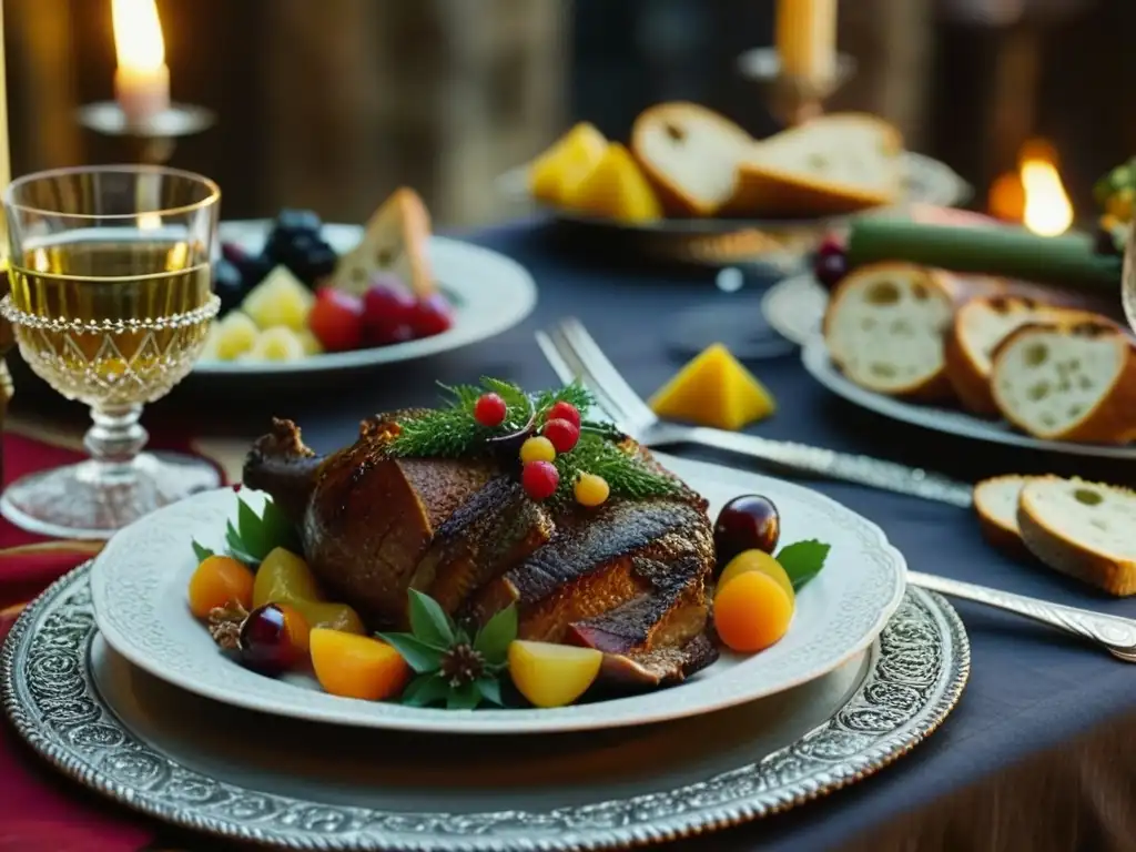 Una mesa de banquete medieval exquisitamente decorada con comida en la Europa medieval