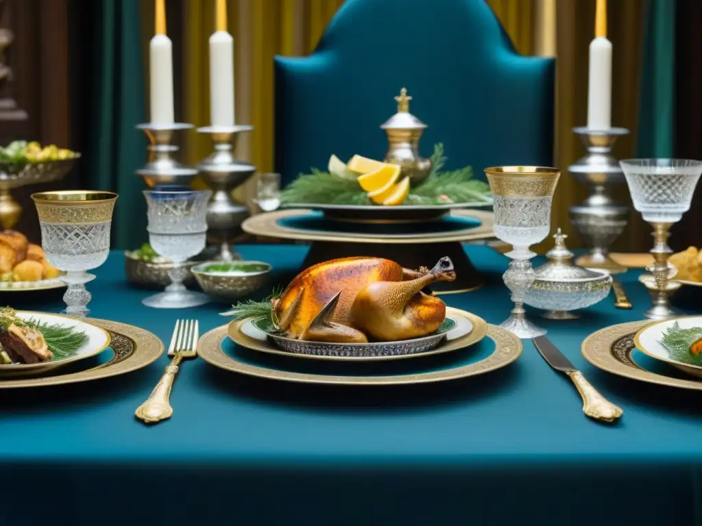 Una mesa de banquete medieval ricamente decorada con platos opulentos, cubiertos de plata y copas de cristal