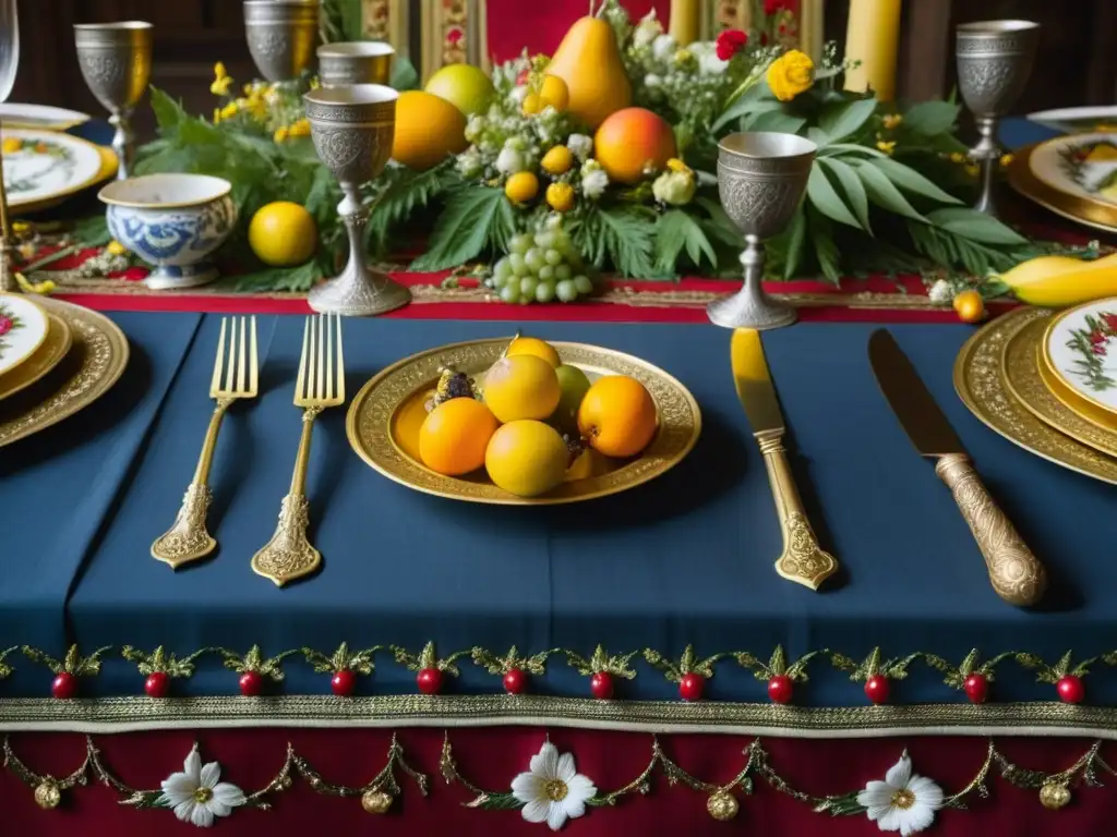 Una mesa de banquete medieval ricamente decorada con cubiertos ornamentados, copas doradas y centros de mesa elaborados