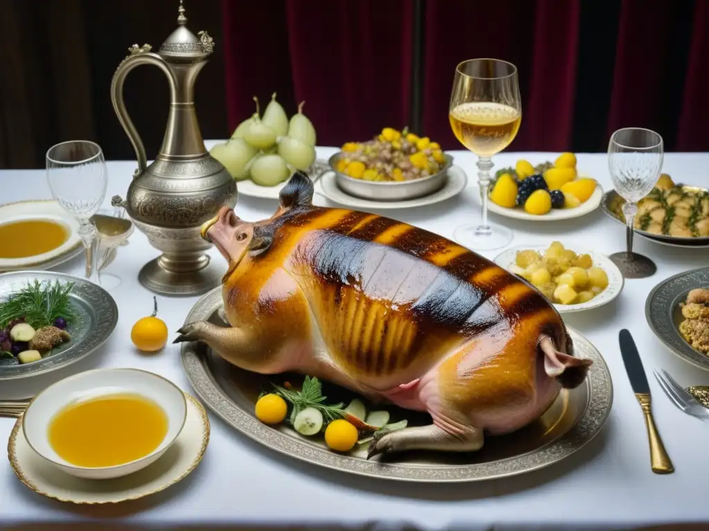 Banquete medieval: festín de lujo y color Una mesa de banquete medieval detallada, con manjares y nobles en trajes de la Edad Media, recreando recetas históricas Europa