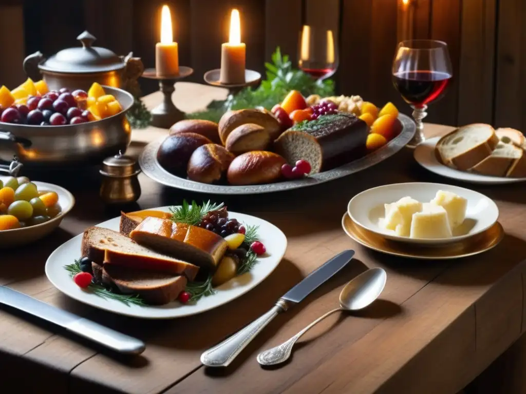 Una mesa de banquete medieval detallada con comida y bebida, ambientada en Europa medieval