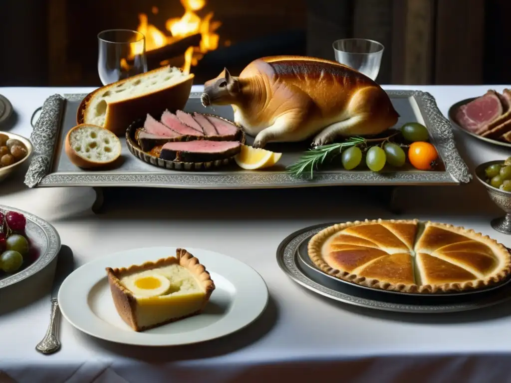 Una mesa de banquete medieval con exquisitos manjares y detalles ornamentales, evocando la Alimentación en transición Edad Media