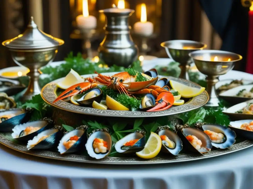 Una mesa de banquete medieval con exquisitos manjares marinos, rodeada de luces de velas y tapices