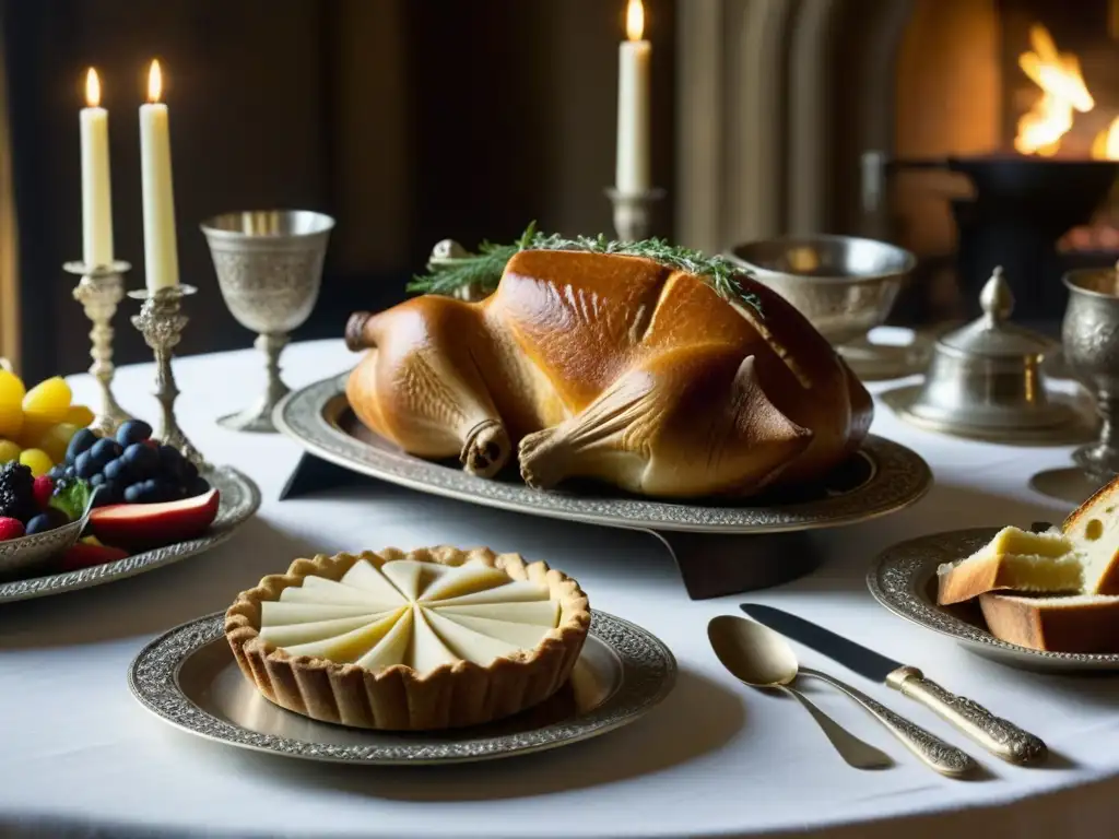 Una mesa de banquete medieval con exquisitos manjares y decoración lujosa, evocando la opulencia de la comida en la Europa medieval