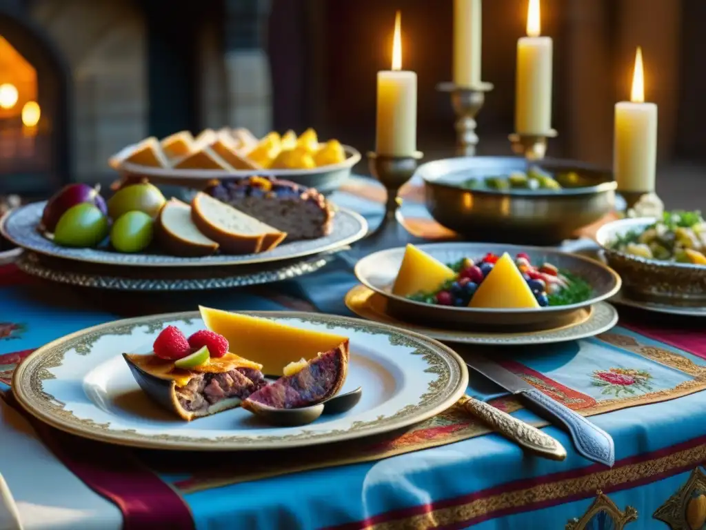 Una mesa de banquete medieval festiva llena de deliciosos manjares y decoraciones detalladas