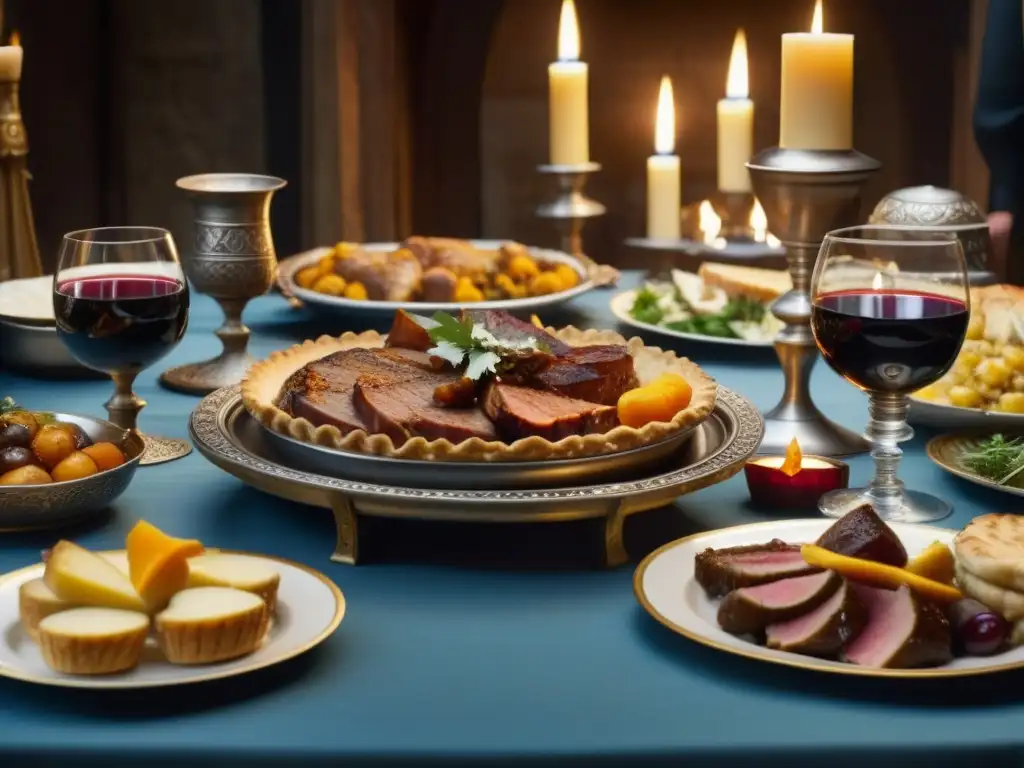 Una mesa de banquete medieval llena de manjares y vino, con invitados en atuendos de la época