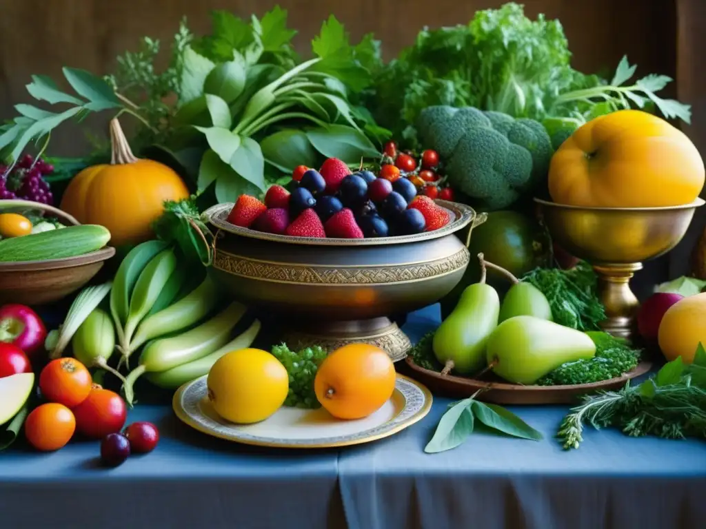 Una mesa de banquete medieval rebosante de frutas, verduras y hierbas, resaltando la cultura medieval y las recetas históricas orgánicas