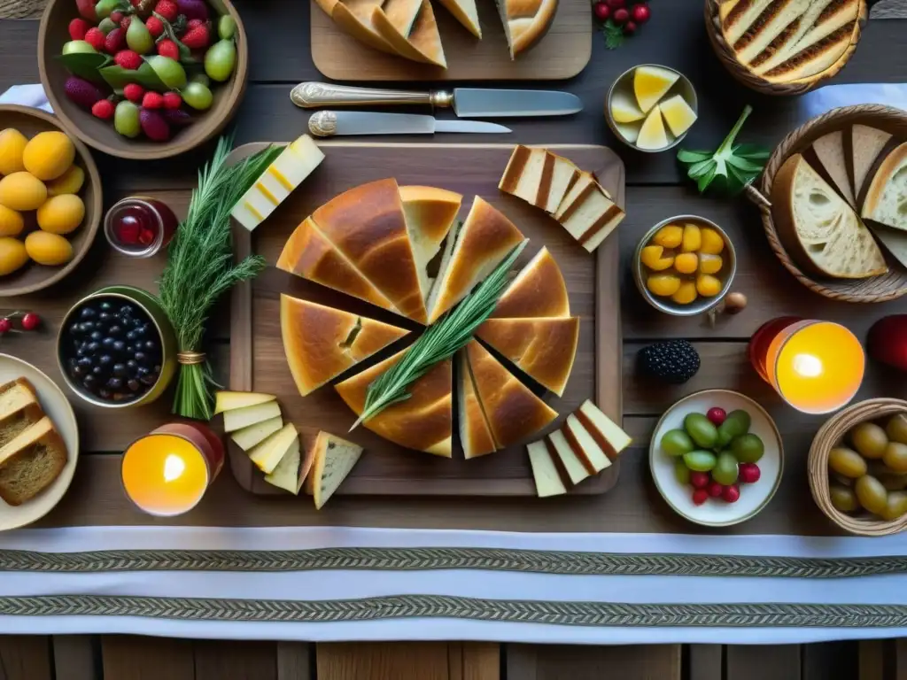 Una mesa de banquete medieval con recetas históricas orgánicas cultura medieval, detallada y vibrante bajo la luz de las velas