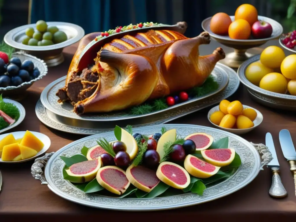 Una mesa de banquete medieval renacentista detalladamente decorada con una variedad de exquisitos platos y utensilios de plata