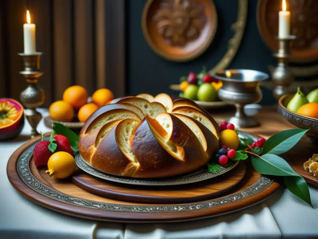 Una mesa de banquete medieval europeo renacentista con exquisita decoración de frutas, pan y carnes