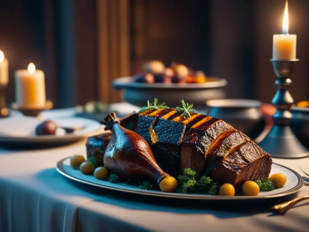 Una mesa de banquete medieval en tiempos de las Cruzadas, con una variedad de platos y vino, iluminada por velas