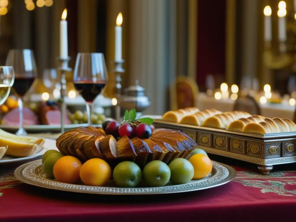 Una mesa de banquete renacentista francés con opulenta comida y ambiente lujoso