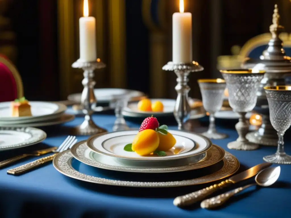 Una mesa de banquete opulenta en estilo Revolución Francesa, con vajilla y decoraciones lujosas