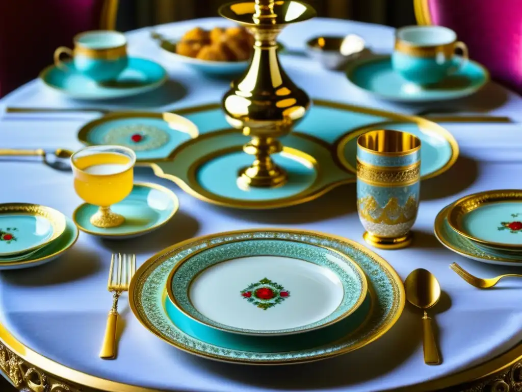 Una mesa de banquete opulenta en el Palacio de los Zares con exquisita vajilla dorada, cristalería fina y cubiertos de plata