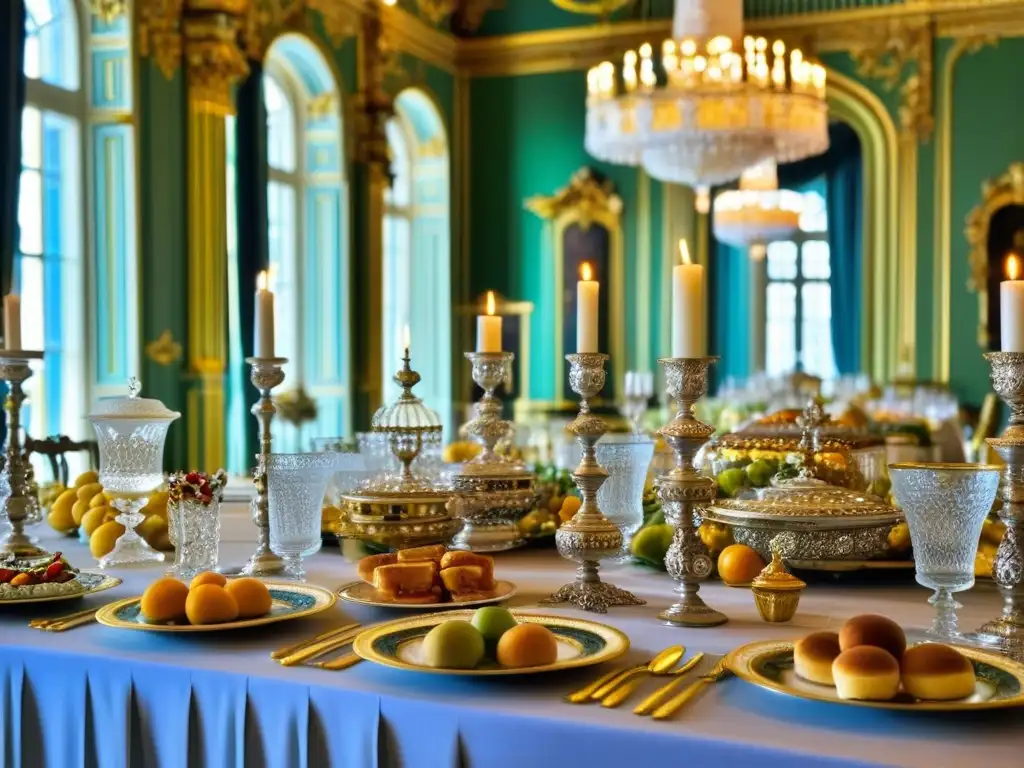 Una mesa de banquete opulenta en el Palacio de Catalina, en San Petersburgo, con influencias europeas en la cocina