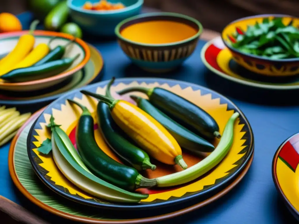 Una mesa de banquete precolombino: alimentos vibrantes y exóticos en platos y vasijas decoradas