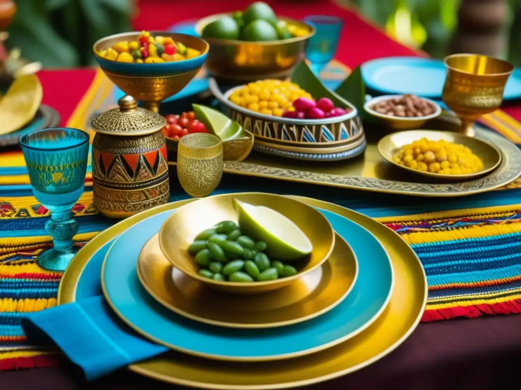 Una mesa de banquete precolombino lujosamente decorada con platos coloridos y elaborados, reflejando la opulencia de los banquetes en el antiguo mundo