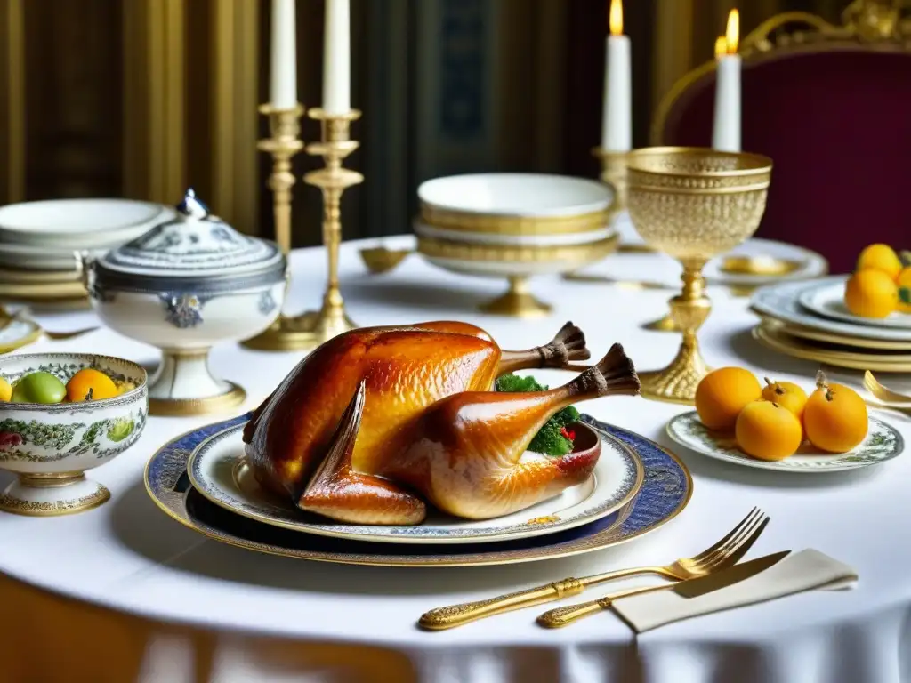 Una mesa de banquete real con exquisitas vajillas, manjares y postres en un salón lujoso