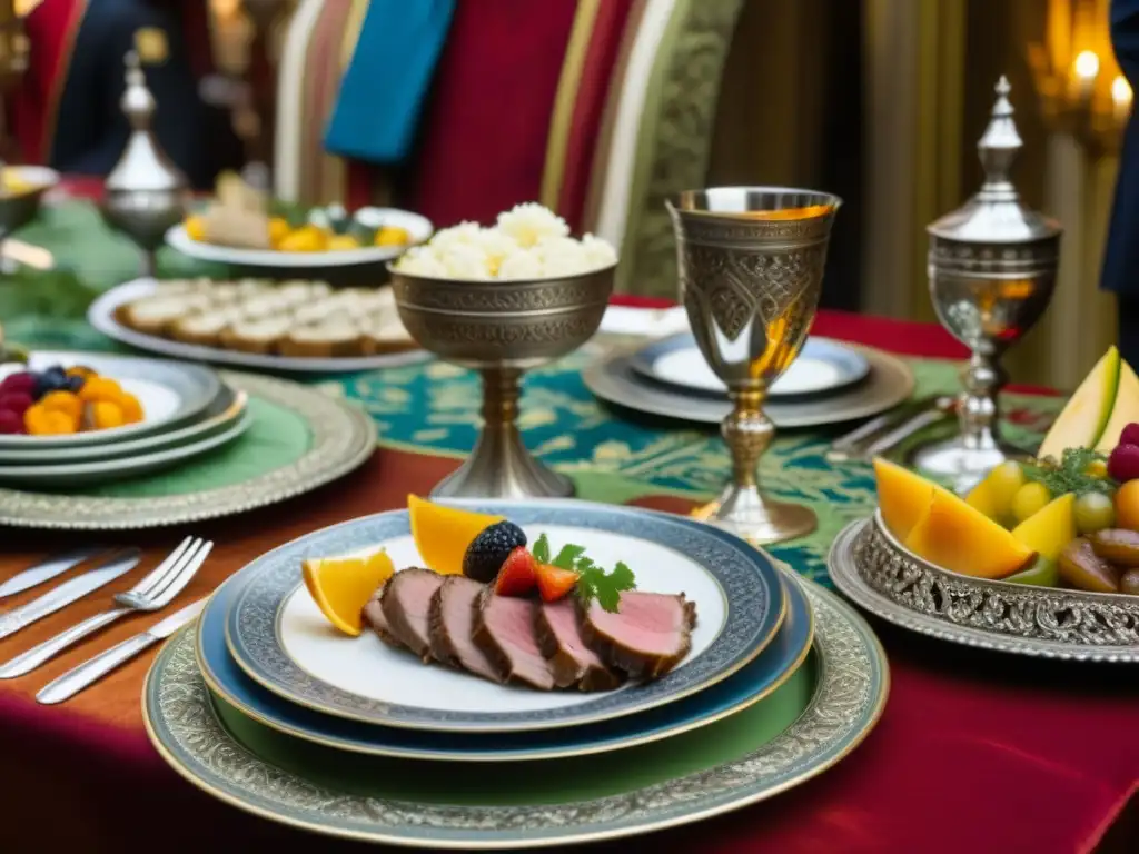 Una mesa de banquete real en la sociedad medieval con elegantes platos y cubiertos de plata, rodeada de nobles en opulentos atuendos medievales