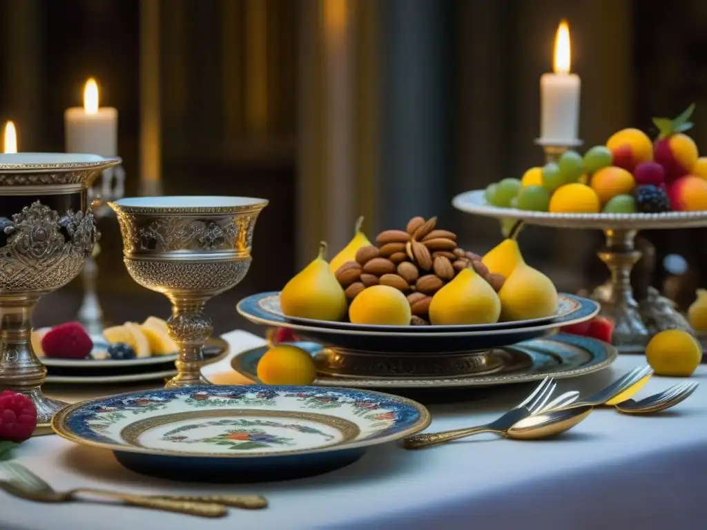 Una mesa de banquete renacentista exquisitamente decorada con vajilla y comida, evocando opulencia y cultura