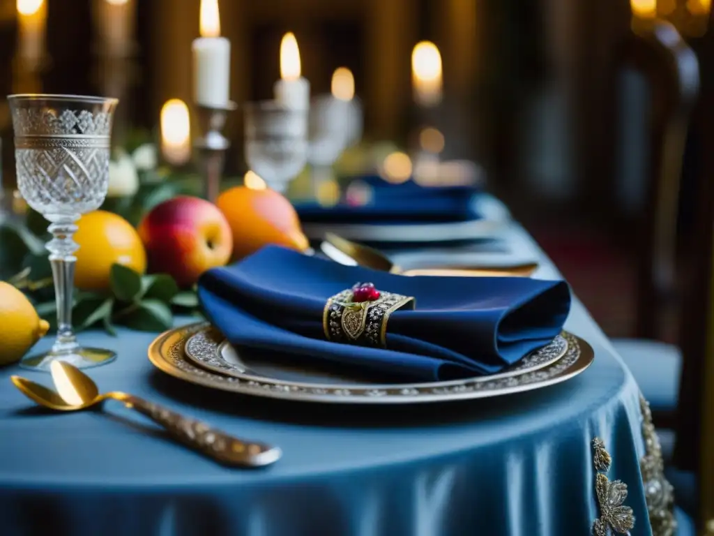 Una mesa de banquete renacentista con influencia italiana, exquisitamente detallada, con cubiertos de plata, copas de cristal y frutas frescas