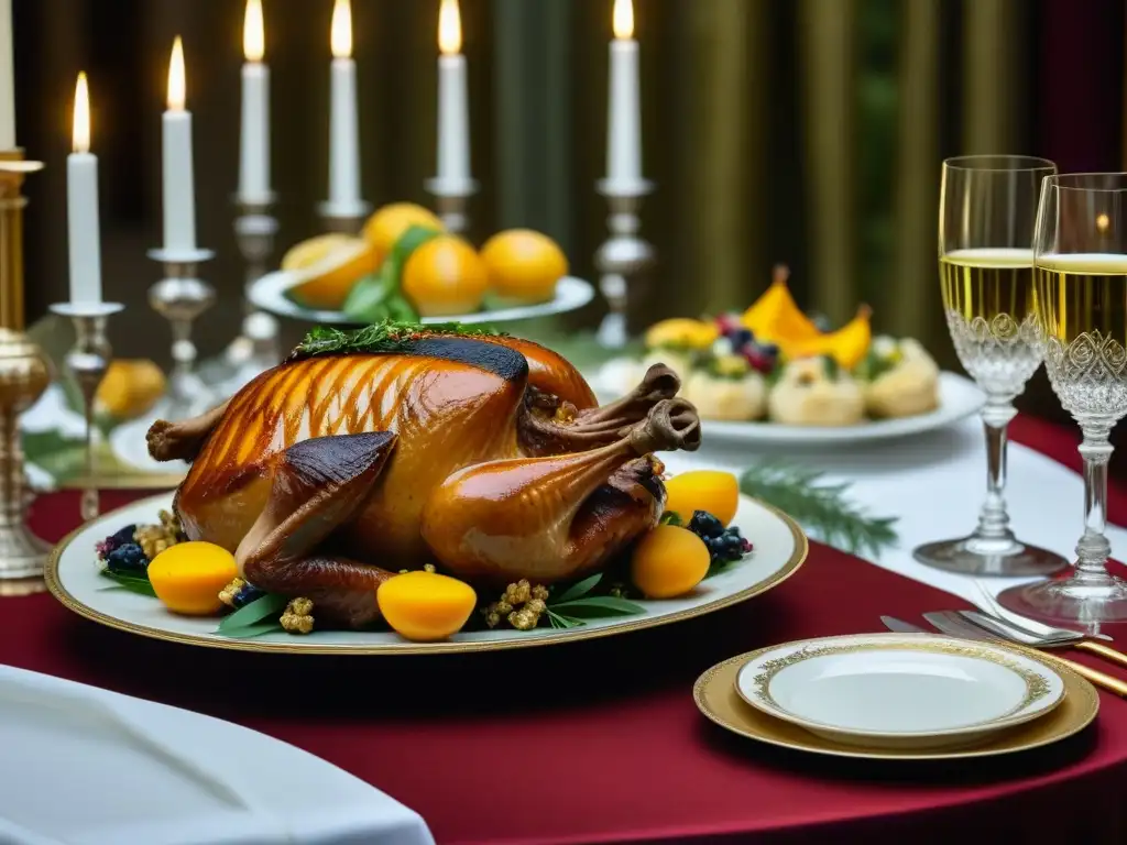 Una mesa de banquete renacentista con manjares elaborados y vinos exquisitos, evocando la opulencia culinaria de la época