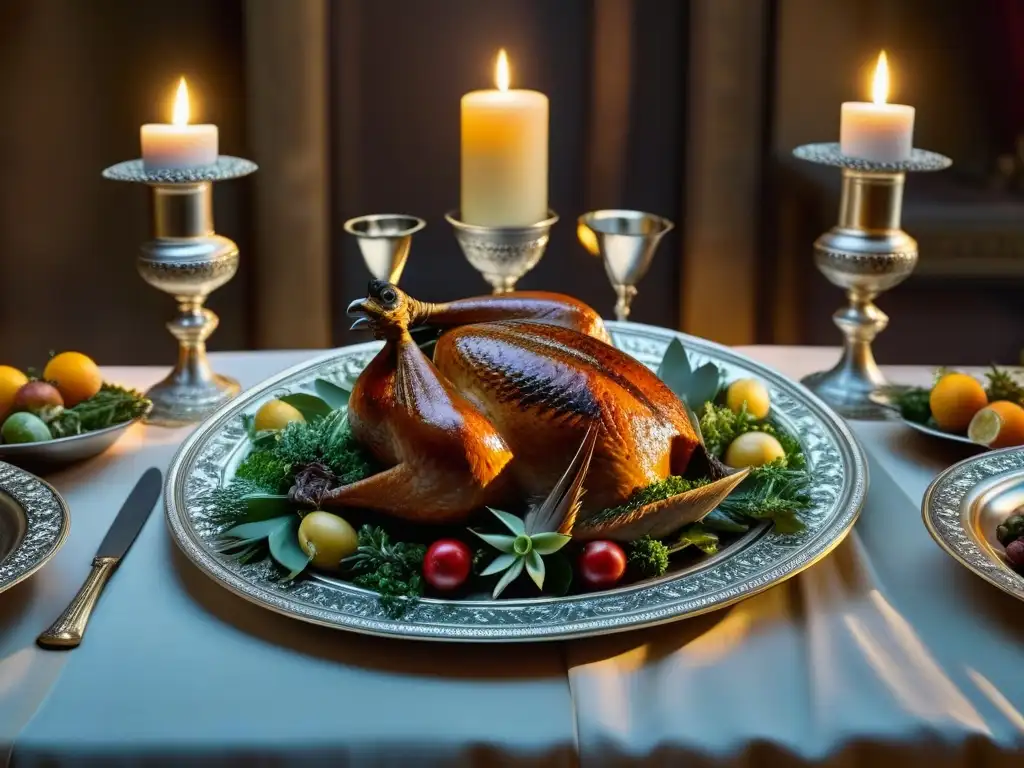 Una mesa de banquete romano con carnes y aves exquisitamente preparadas, rodeadas de lujo y opulencia