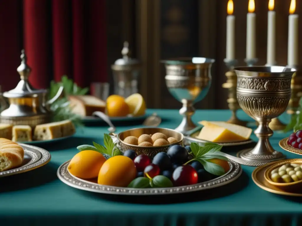 Una mesa de banquete romano lujosamente decorada con una variedad de alimentos y delicias, destacando la opulencia culinaria de la época