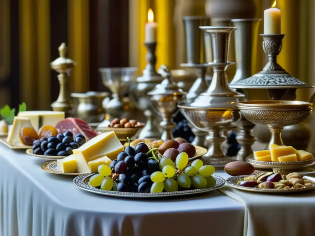 Una mesa de banquete romano lujosamente decorada con una variedad de alimentos exóticos y elegantes, en un opulento comedor romano