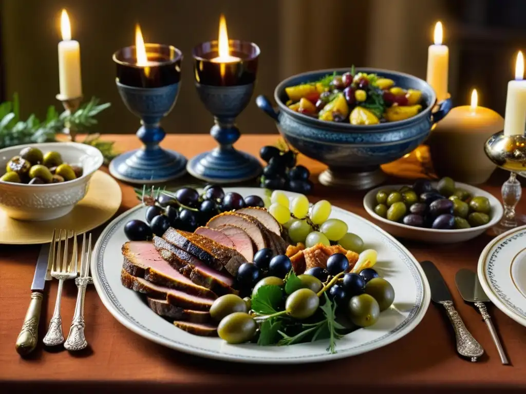 Una mesa de banquete romano lujosamente decorada con una variedad de manjares y vino, evocando la influencia de las fiestas gastronomía romana