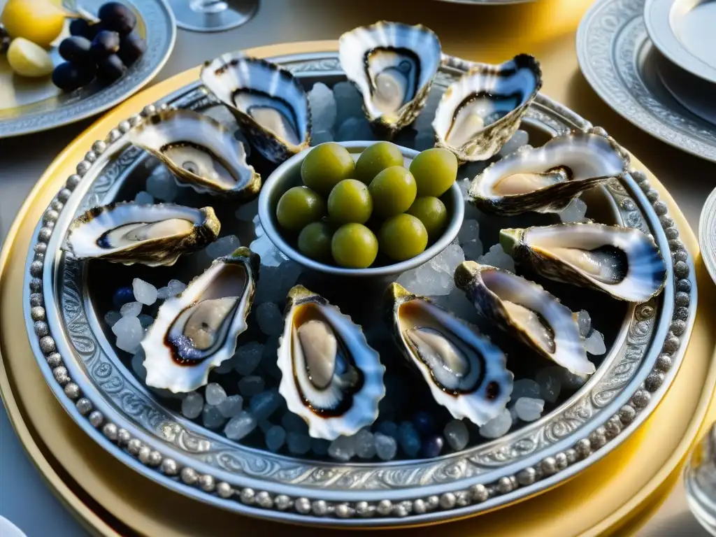 Una mesa de banquete romano con delicias marinas imperio romano, ostras frescas, higos, uvas y aceitunas en plata